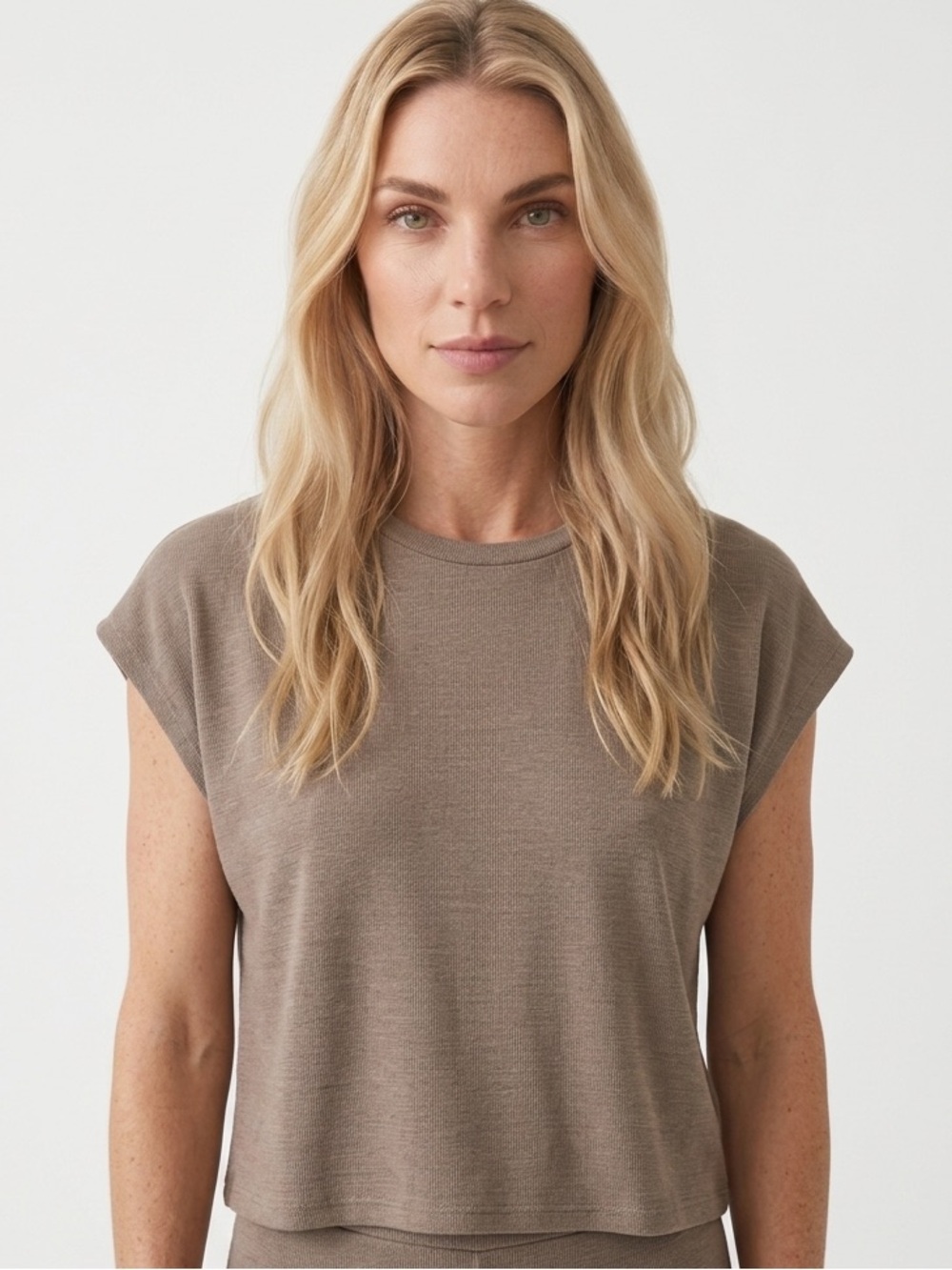 ZARA | Taupe Crewneck Cap-Sleeve Boxy Semi Cropped Top Women’s Size Small